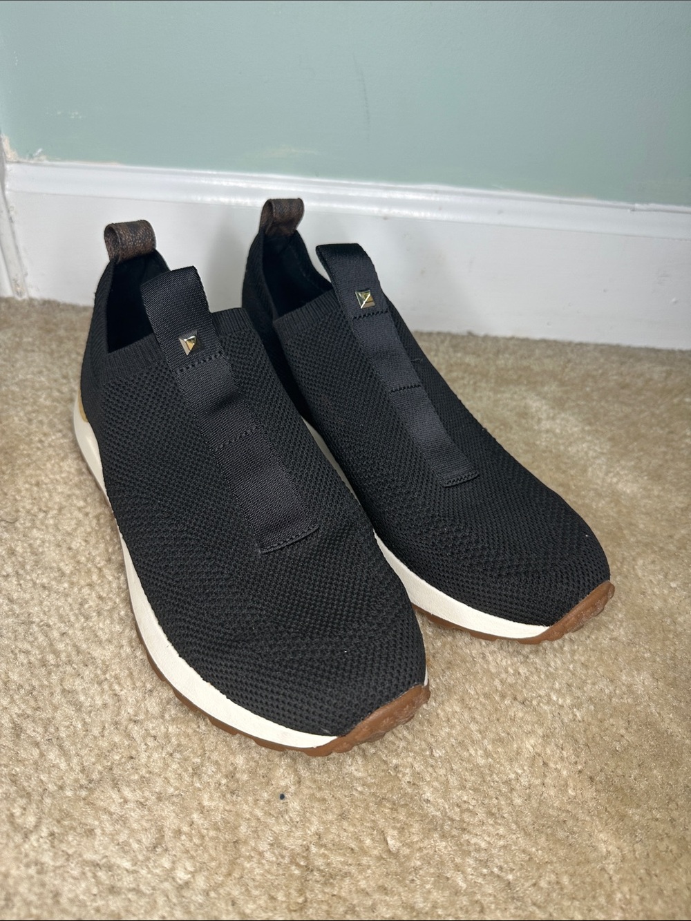 Michael Kors Bodie Black Sock Knit Slip On Sneakers Stud Accent Sz 9